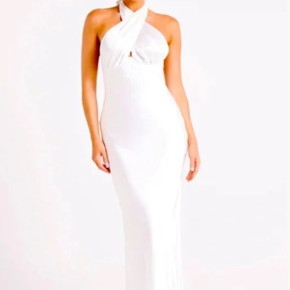 Meshki Marvelle Satin Halter Maxi Dress in White